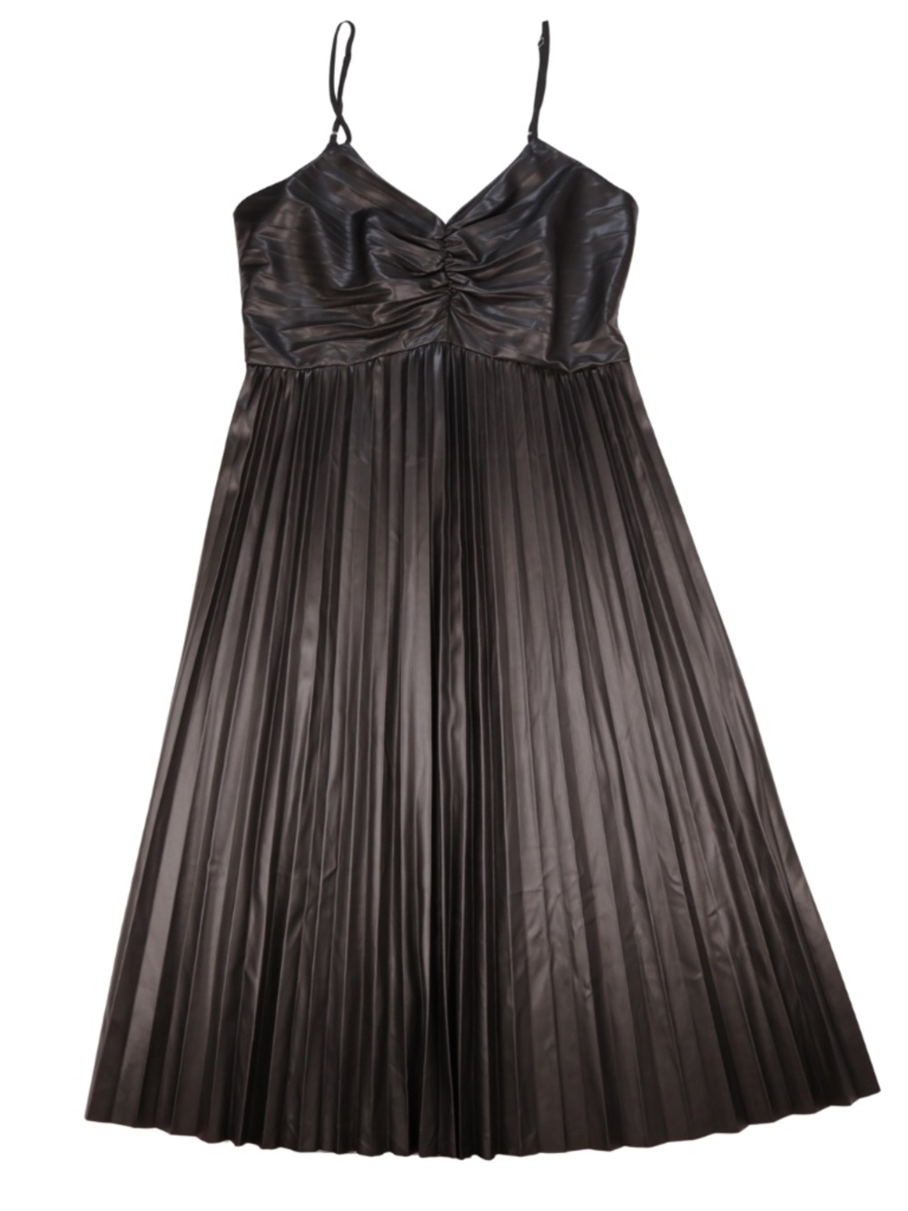 Entro Black Faux Leather Pleated Midi Dress Size Small Ruched Bodice Statement